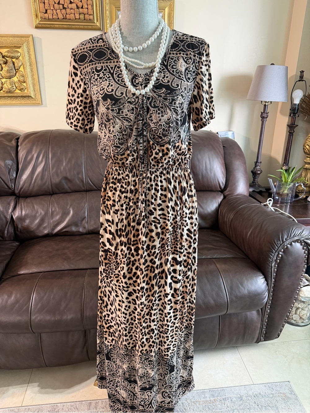 Beige and Black Leopard Print Maxi Dress with Paisley Detail